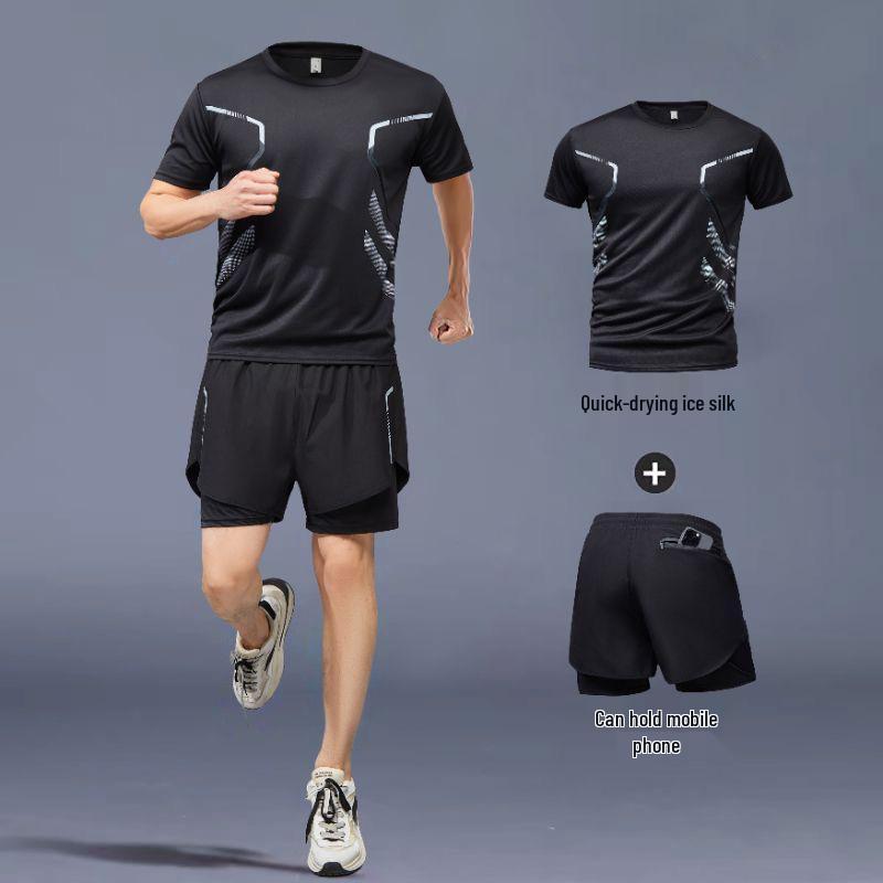 

Мужской спортивный комплект быстросохнущий: Футболка и шорты из ледяного шелка для бега, баскетбола и летнего фитнеса M