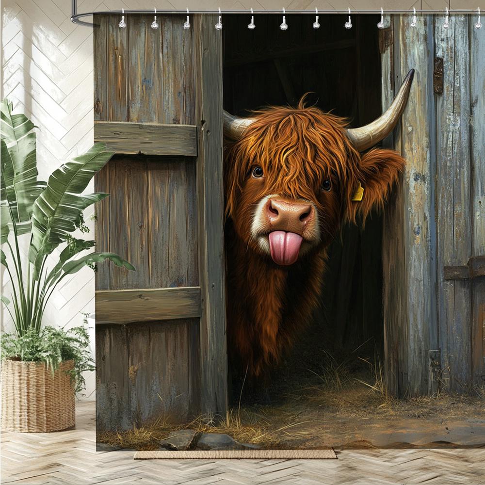 Funny Highland Cow In Barn Shower Curtain Waterproof Easy To Clean Privacy Protection Print Farm Animal Art Design Rustic12Kooks