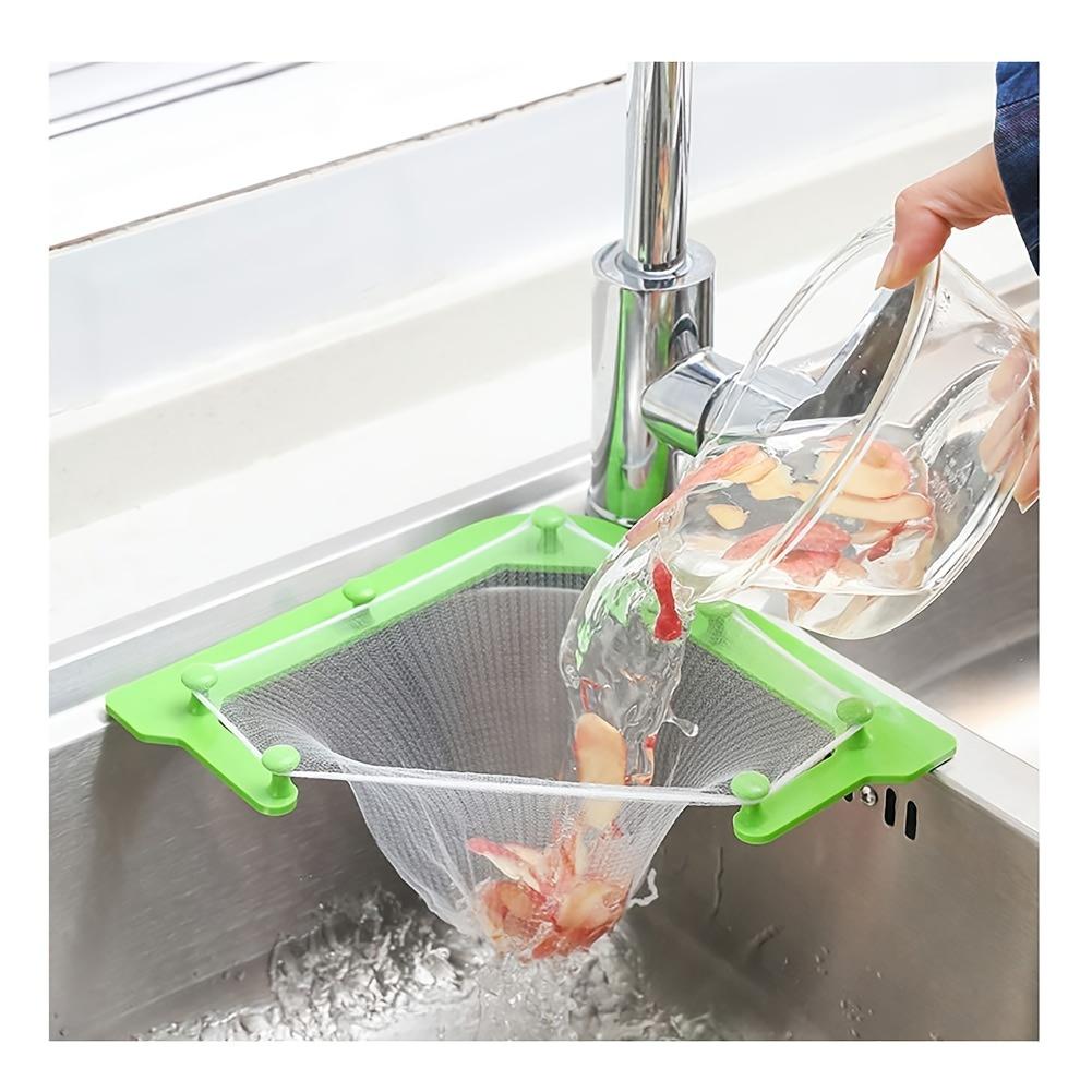 Triangle Corner Sink Strainer Basket - No-Drill Adhesive Mount, 100 Mesh Bags & Holder, Space-Saving Kitchen Sink Filter for Food Waste Debris