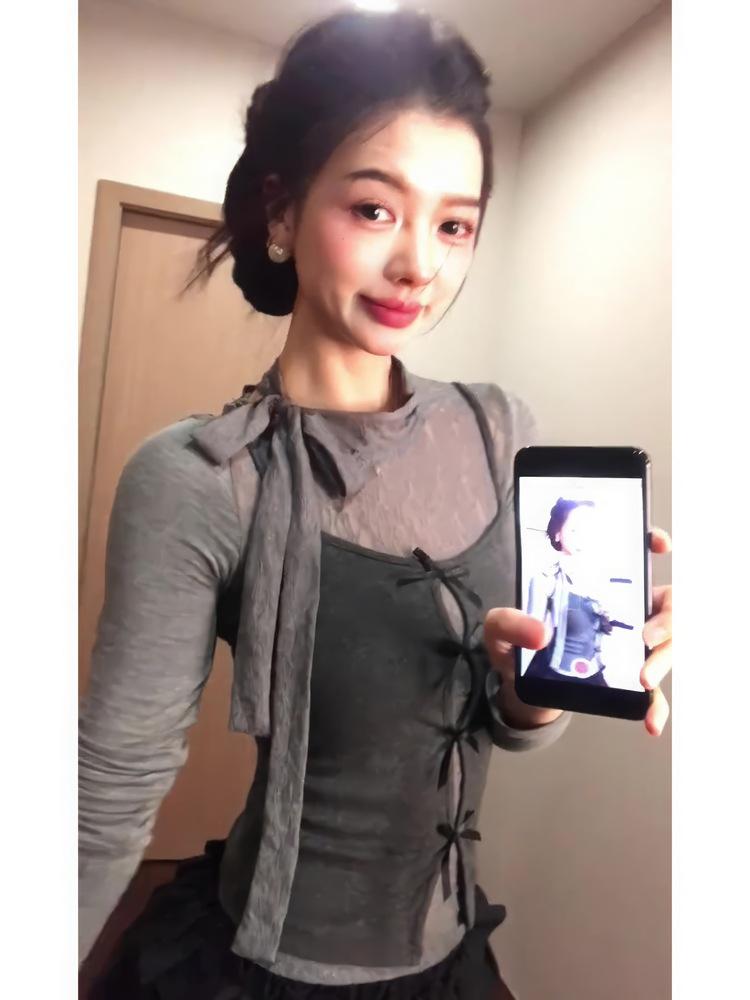 Korean Lace Patchwork Long Sleeve Crop Top Set for Women - Early Autumn/Winter Style