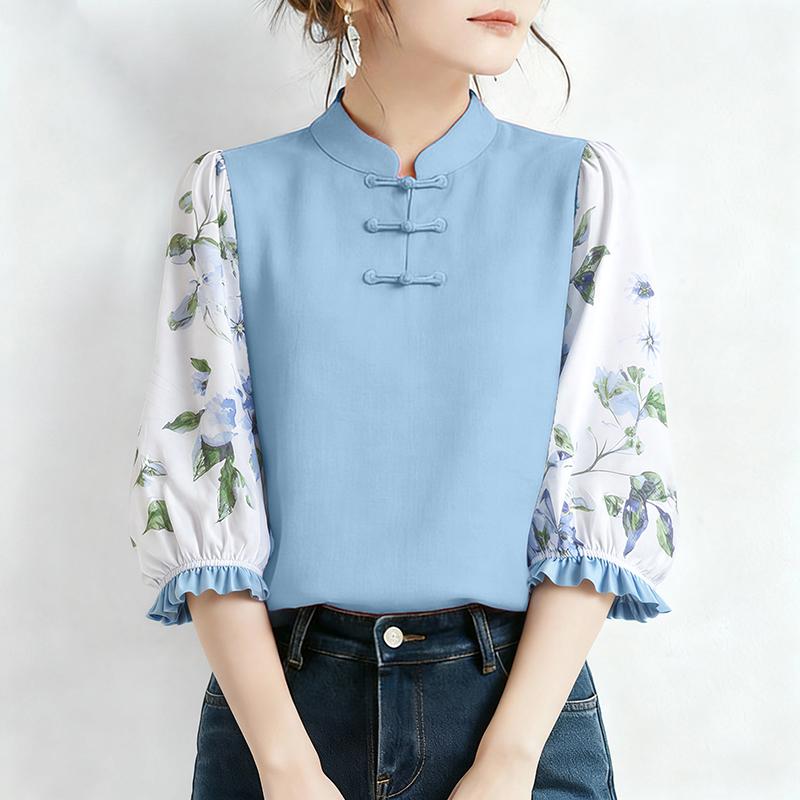 ZANZEA Damen Casual Stehkragen Print Patchwork 3/4 Ärmel Bluse