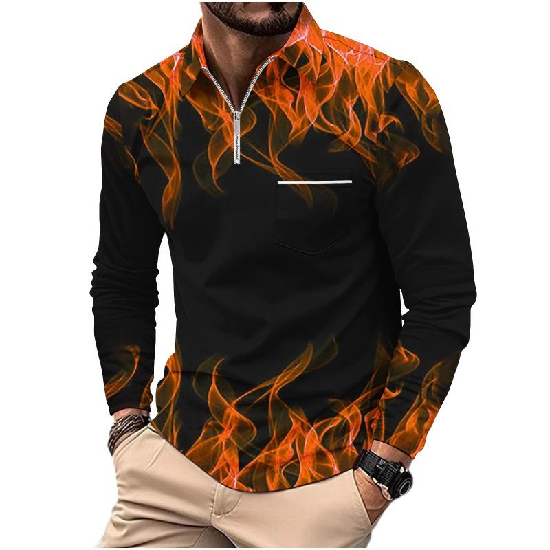 Men's Printed Polo Shirt with Zipper Pocket Sports Long Sleeved Polo Shirt