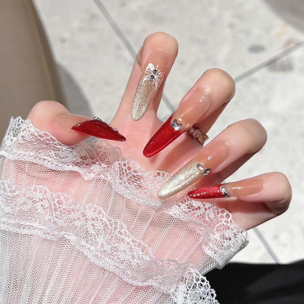 2026 New Year Wearable Lion Dance Cat Eye Manicure: Handmade Removable False Fingernail Stickers.