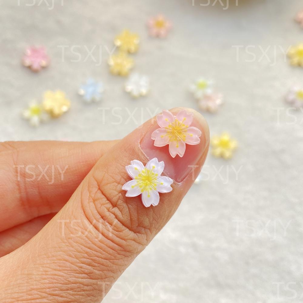 50pcs New Model Resin Cute Mini Colorful Cherry Blossoms, Peach Blossoms Nail Art Flatback Rhinestone DIY Scrapbook Crafts