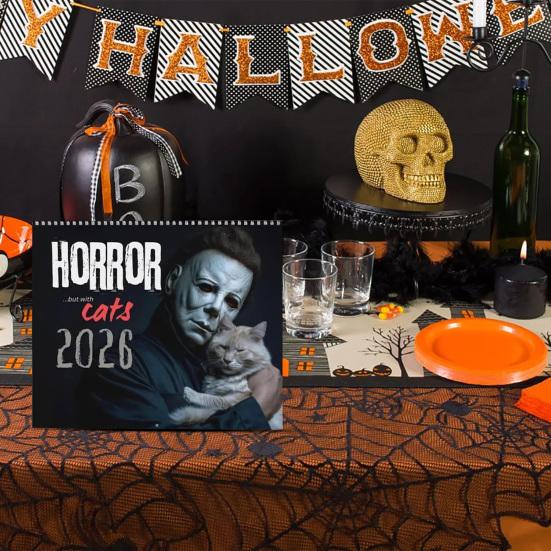 2026 Halloween Horror Movie And Cats Wall Calendar 12-Month Planner with Spooky Cat Illustrations Wall Hanging Spiral Bound Calendar for Scary