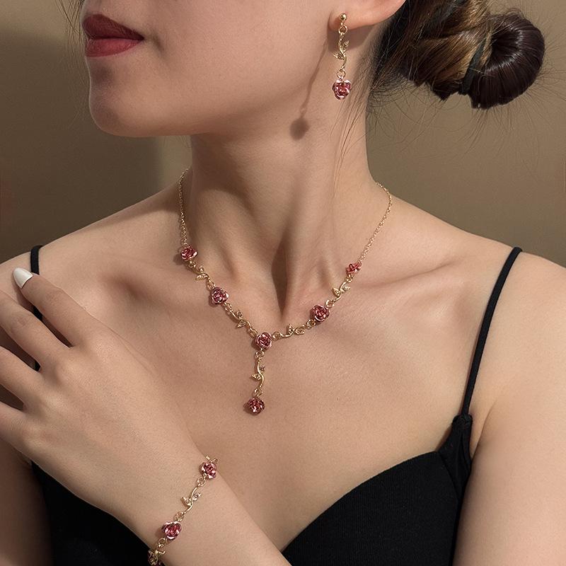 Elegant High-End Women's Retro Silver Fairy Jewelry Set: Black Knight Rose Earrings, Bracelet & Necklace
