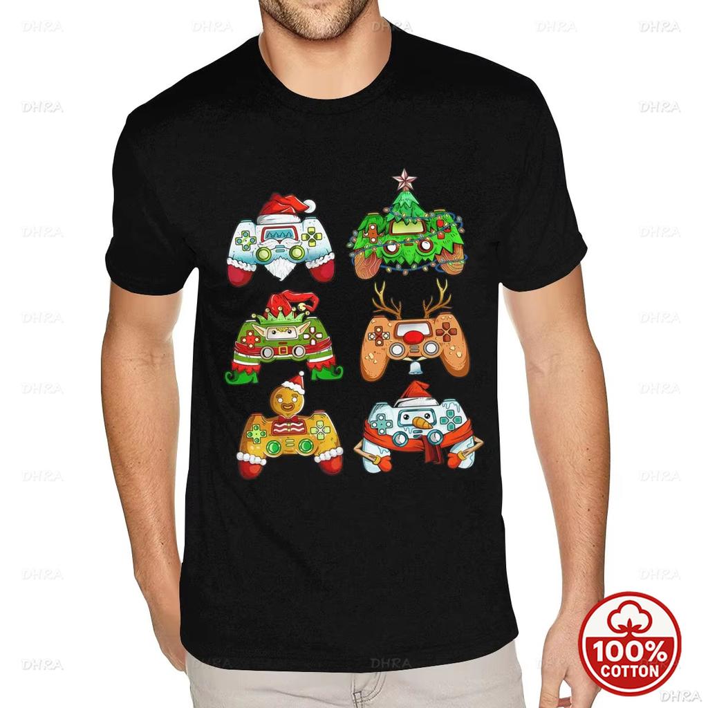 Graphic Santa Elf Christmas Gamer Controllers Tees Shirt for Unisex Unisex Short Sleeved Premium Cotton White Crew Neck Tees Shirts