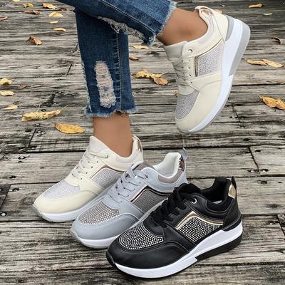 Damen Sportschuhe Lässig Frühling und Sommer Neue Plateau Keilabsatz Lässige Schuhe Schnürung Strass Sport Mode Schuhe