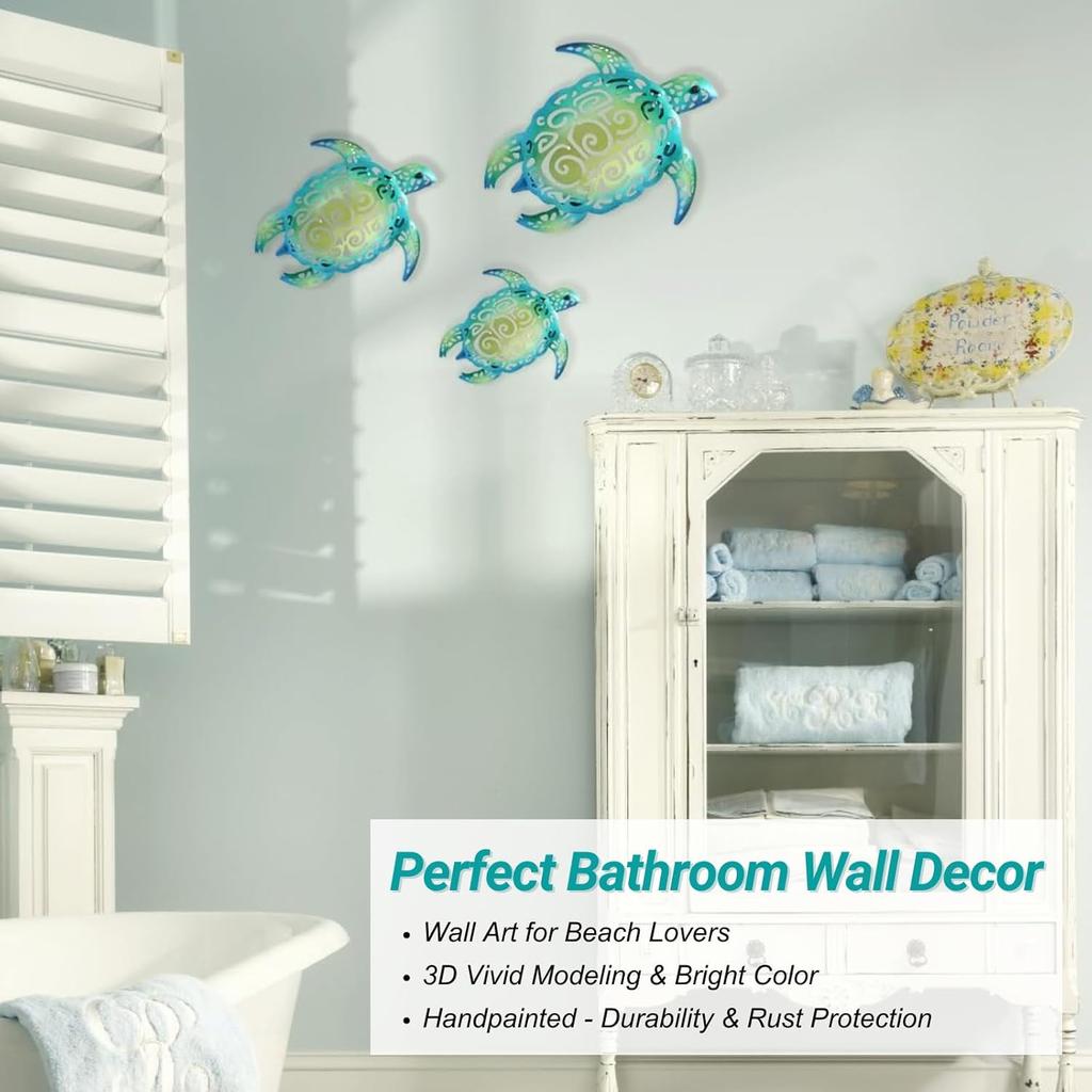 YOUIN Set of 3 Metal Sea Turtle Beach Theme Decor Wall Art Decorations for Indoor Outdoor Bathroom Garden