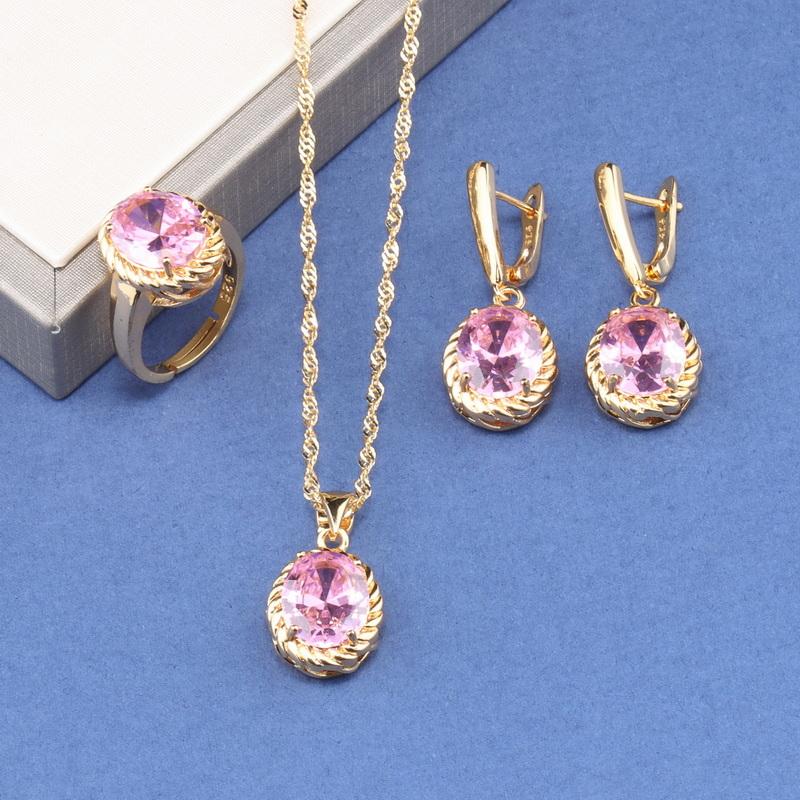 Romantic Wedding Fashion Women Accessories Necklace And Earrings Ring Colorful Zircon Sets  Gold Plated Jewelry For You Gift