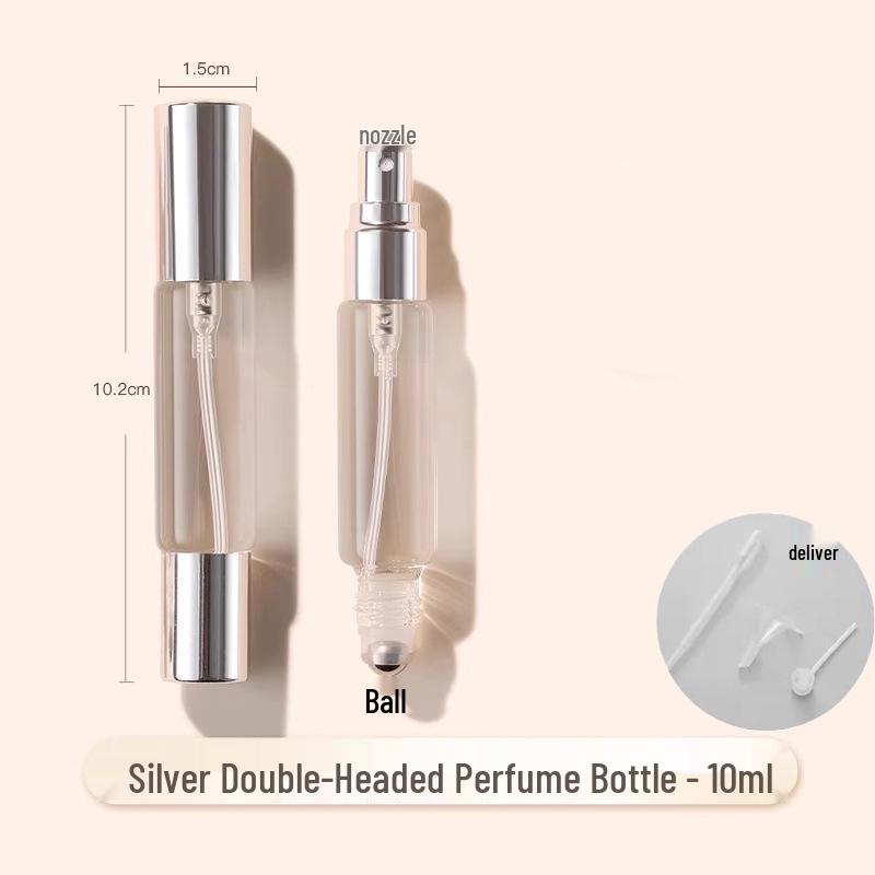 

Двусторонняя стеклянная пробирка для проб духов двойного назначения с роликовым аппликатором и распылителем мелкого распыления 10ML/1 bottle with tools; transparent; regular