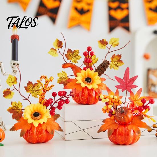 Indoor Decorative Harvest Fruit Fall Artificial Pumpkin Table Centerpiece, Autumn Fake Decoration with Sunflowers, for Desk Maple Leaves Berries
