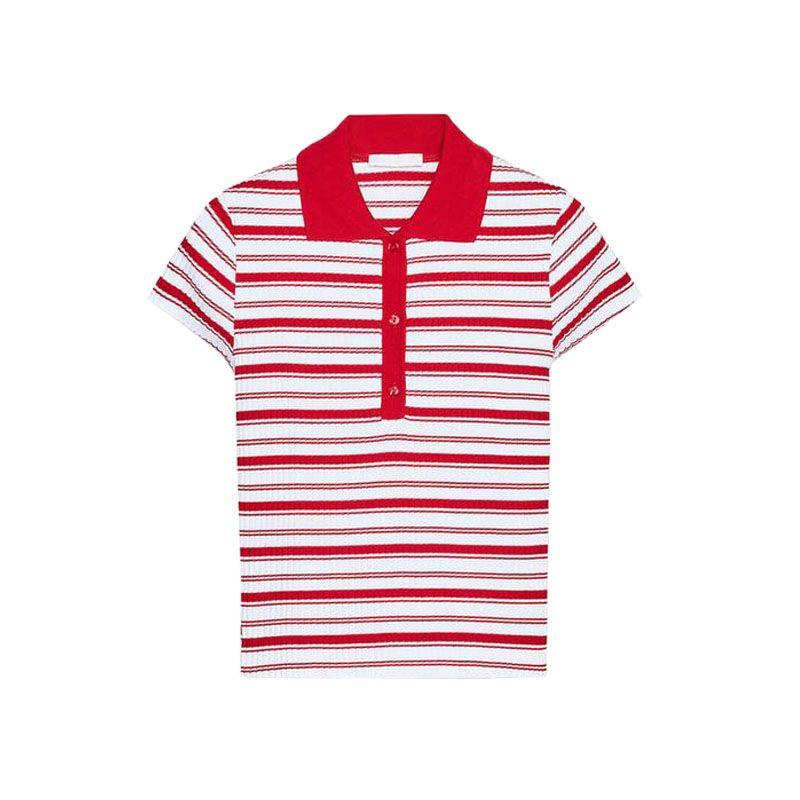 Summer New Product Women's Clothes Breasted Decorative Cotton Stripes Rib Lapel Short Sleeve Polo Shirt 0858154