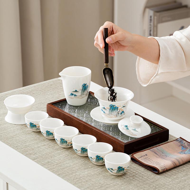 High-grade suet jade Dehua white porcelain Kung Fu tea set gift box set New Chinese splendid mountain and river tea set