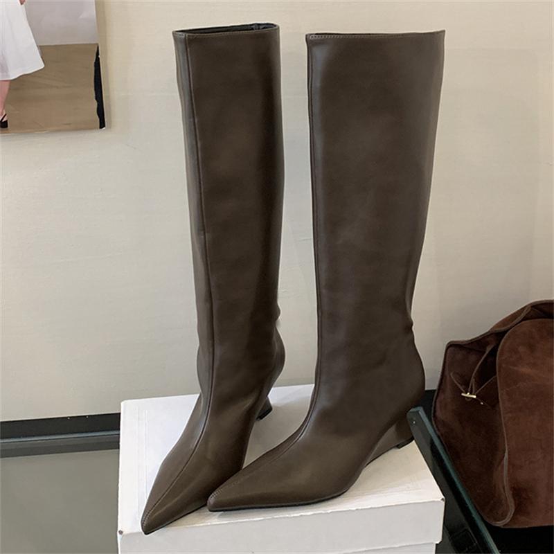 Eilyken Winter Designer Soft Leather Wedges Low Heels Women Knee High Boots Fashion Pointed Toe Long Booties Botines De Mujer
