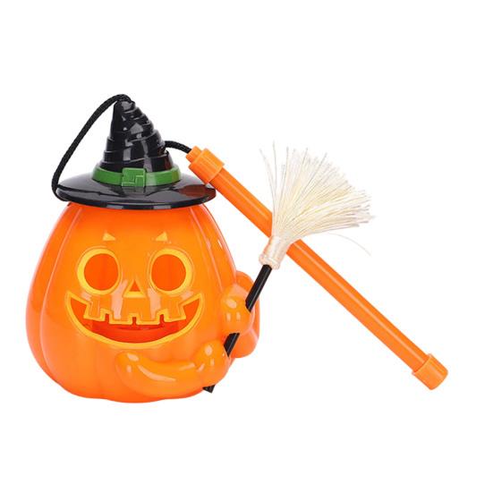 Portable Pumpkin Light Glowing Halloween Lantern, Jack O Lantern with Witch Hat Broom, Lightweight Prop Up Decor, Trick or Treat for Kids Party Decor