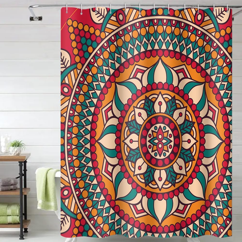 Mandala Shower Curtain Boho Pattern Bathroom Decor Colorful Geometric Design Ethnic Art Vibrant Look Modern Style Bath W60H190(CM)-1 Pcs