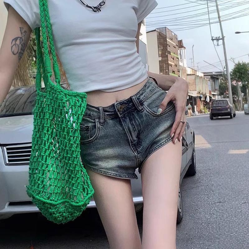 

Острые Девушки Ретро Джинсовые Шорты с Высокой Посадкой для Женщин - Эластичные, С разрезом, А-силуэта, Горячие шорты XL