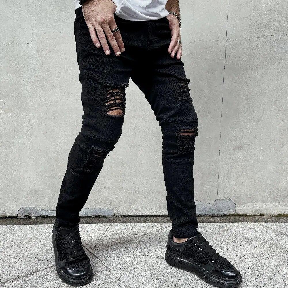 Men High street Hip hop Style Ripped Skinny Pencil Jeans Men Stylish Slim Holes Casual Denim Pants