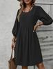 French Style Resort Dress: Spring/Summer 2026, Solid Color, Round Neck, Long Sleeve, Cotton-Polyester Mid-Length.