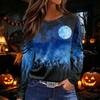 Women's Halloween Print Long Sleeve Round Neck Top with Hem Slit