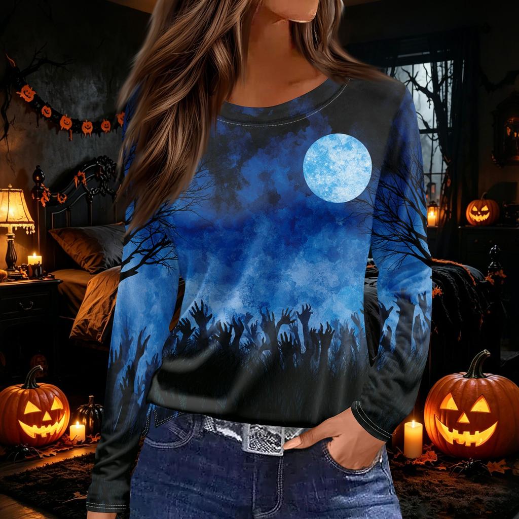 Women's Halloween Print Long Sleeve Round Neck Top with Hem Slit