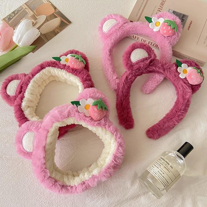 

New Plush Strawberry Bear Ear Headband Fleece Cute Pink Cartoon Bear Hairbands Girls Lovely Animal Headbands Hair Accessories