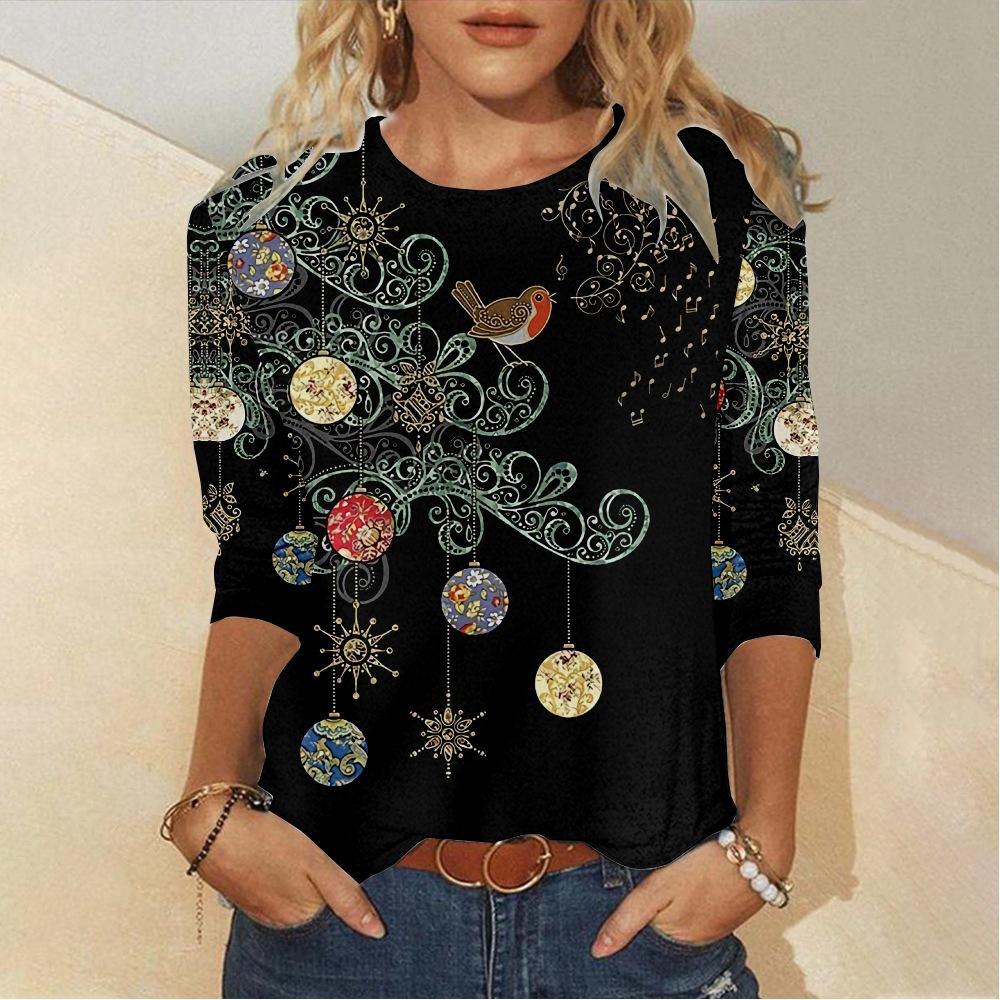 

Spring and Autumn Round Neck 3D Christmas Owl Printed Top Fashionable Casual Long Sleeved Women s T-shirts 5XL