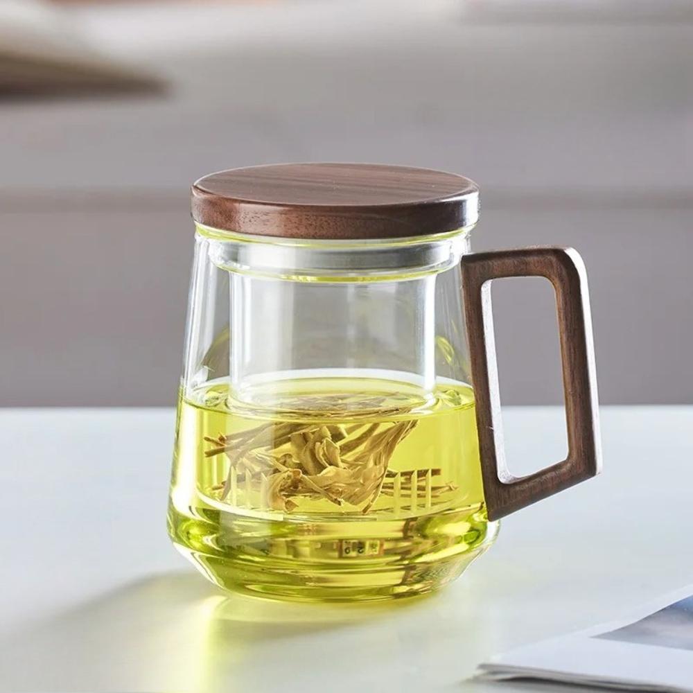 Szklana filiżanka do herbaty z drewnianą rączką Filtrowana filiżanka do herbaty Odporna na ciepło Filiżanki do herbaty Puer Przenośna filiżanka do herbaty Kung Fu do domu i biura
