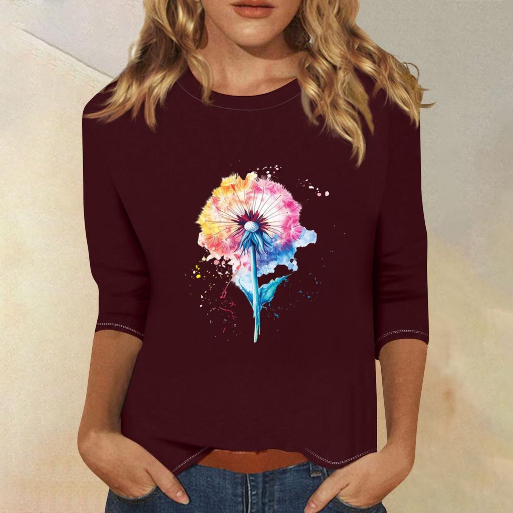 3/4-Ärmel Oberteile für Damen T-Shirt Lässig Print Oberteile T-Shirt Rundhals Pullover Bluse