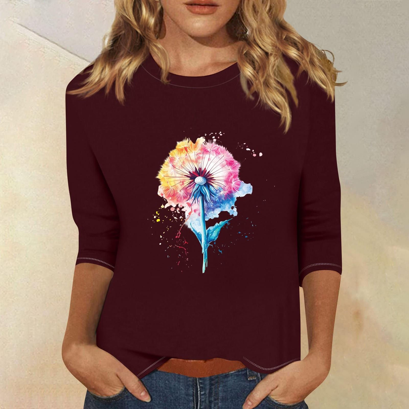 

Топи з рукавами 3/4 для жінок Футболка Повсякденні топи з принтом Футболка з круглим вирізом Пуловер Блуза S винний