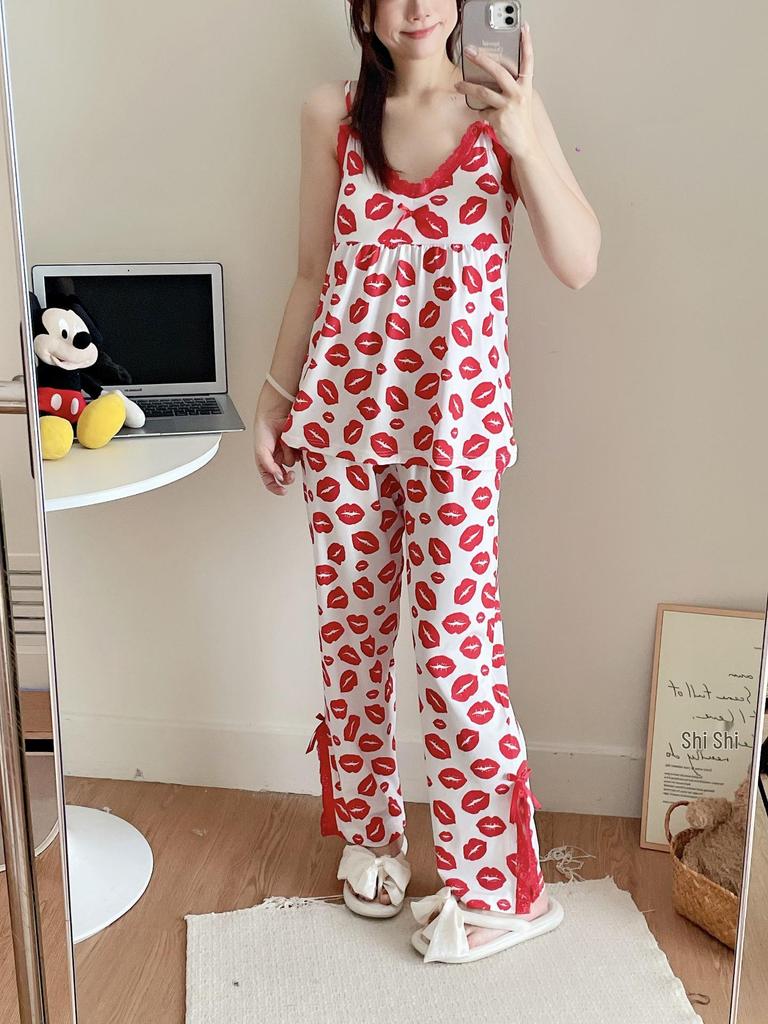 2023 Summer Women's Retro Floral Spaghetti Strap Long Pants Pajamas