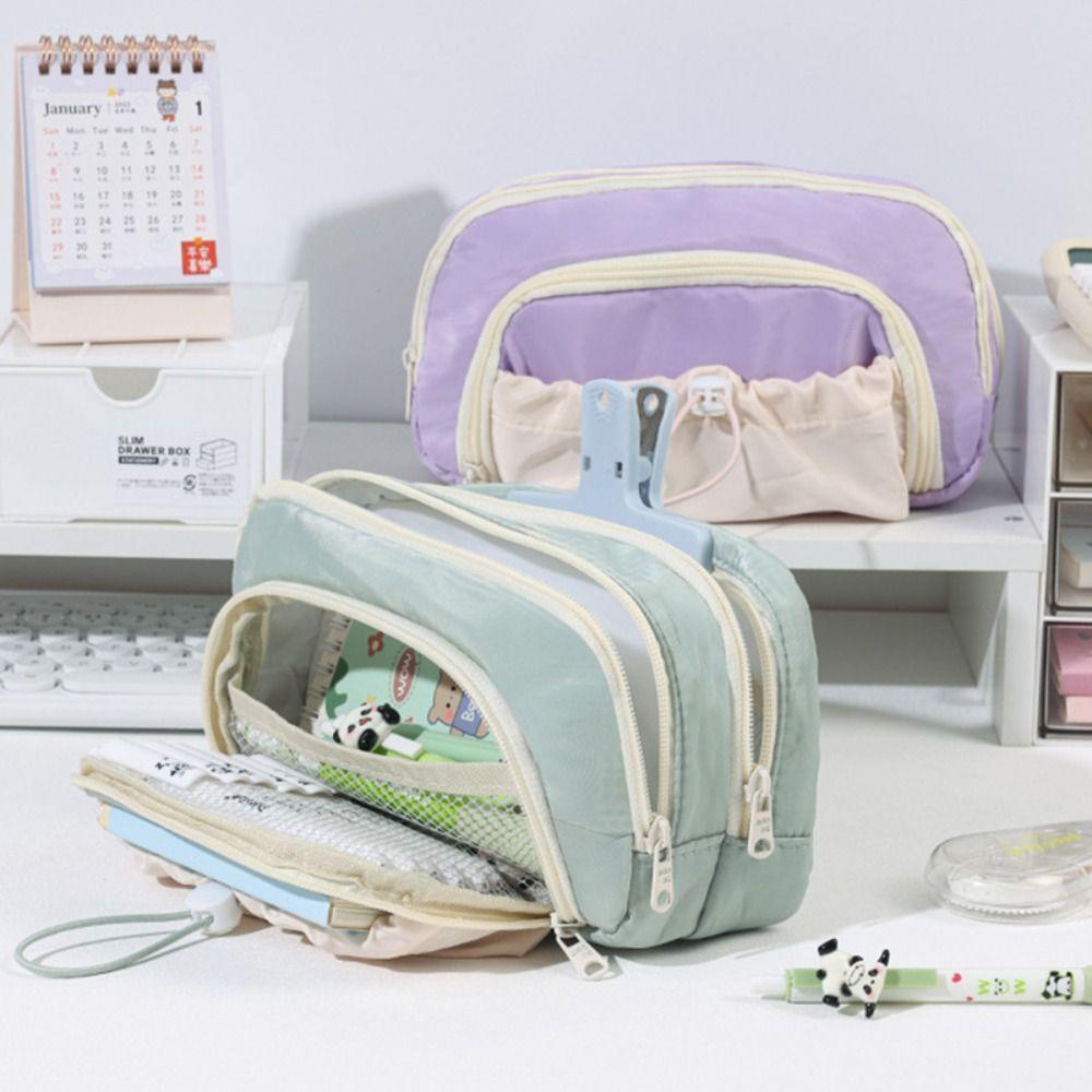 Fashion Zipper Pen Bag Large Capacity Drawstring Pencil Case Five-Layer Stationery Organizer Student