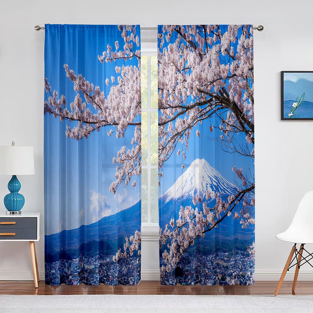 

Весенняя тюлевая занавеска с цветочным узором вишни, окно для гостиной, спальни, кухни, шифоновая прозрачная вуаль, занавеска 1 PCS W100XH250cm&Rod Pocket