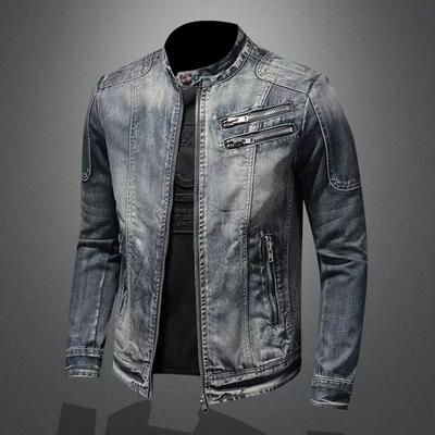 Men's Denim Jacket Casual Retro Plus Stand Up Collar Zipper Jacket Cycling Motorcycle Suit Trendy