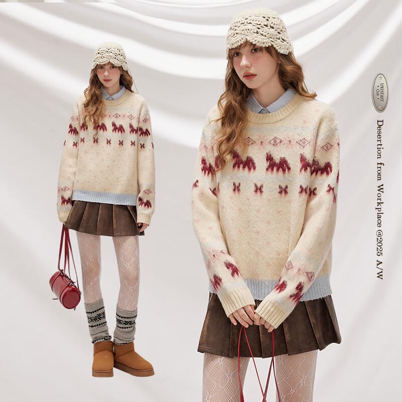 UNIFREE Fair Isle Retro Jacquard Crew Neck Sweater