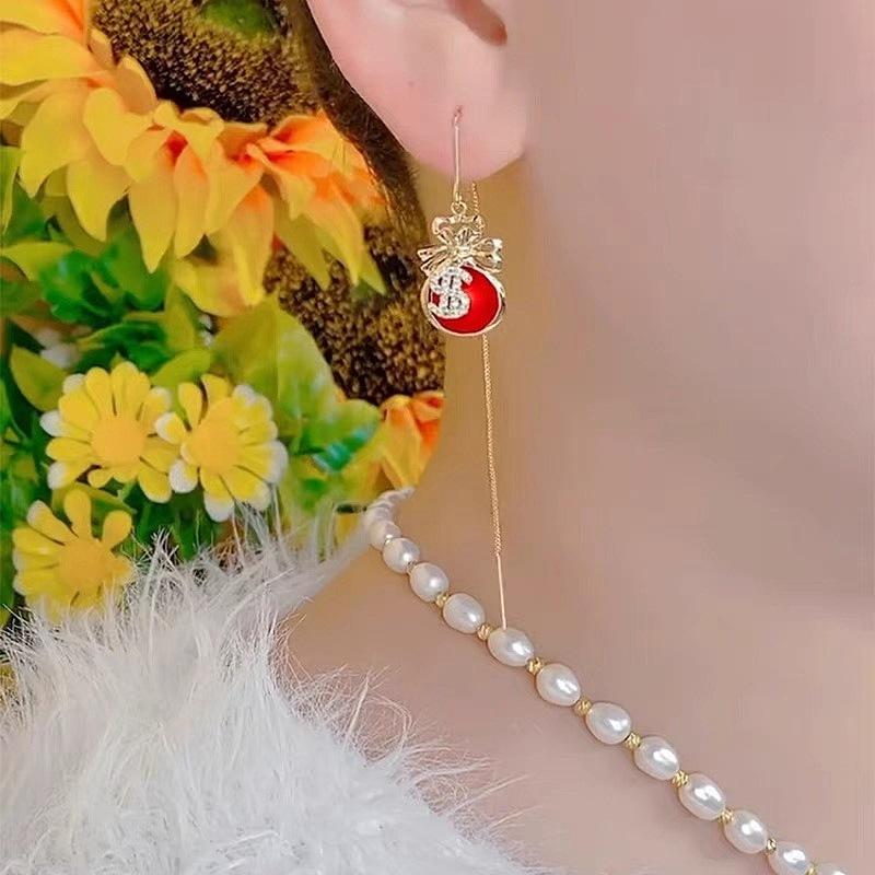 New Design Lucky Bag Long Fringed Fortune Earrings Chinese Style Fashion High-end Temperament Personalized Trendy Earrings