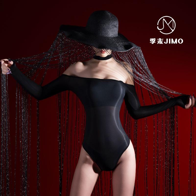 

End-of-season shiny and silky long-sleeved shoulder onesie ultra-thin sexy lingerie perspective tights One size fits all【80-120】 чорний