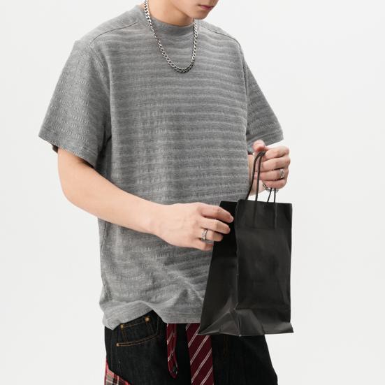 Men T-shirt Round Neck Short Sleeve 3D Striped Jacquard Design Tee Shirt