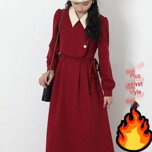 

Plus Size French Bellflower Velvet Two-Piece Dress - Waist-Cinched, Mid-Length for Autumn/Winter M (80-100 jin)