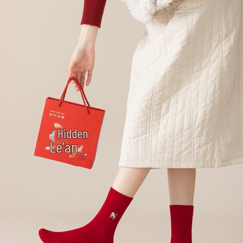 New Year Women's Lucky Red Cat Mid-Calf Socks Gift Box Set