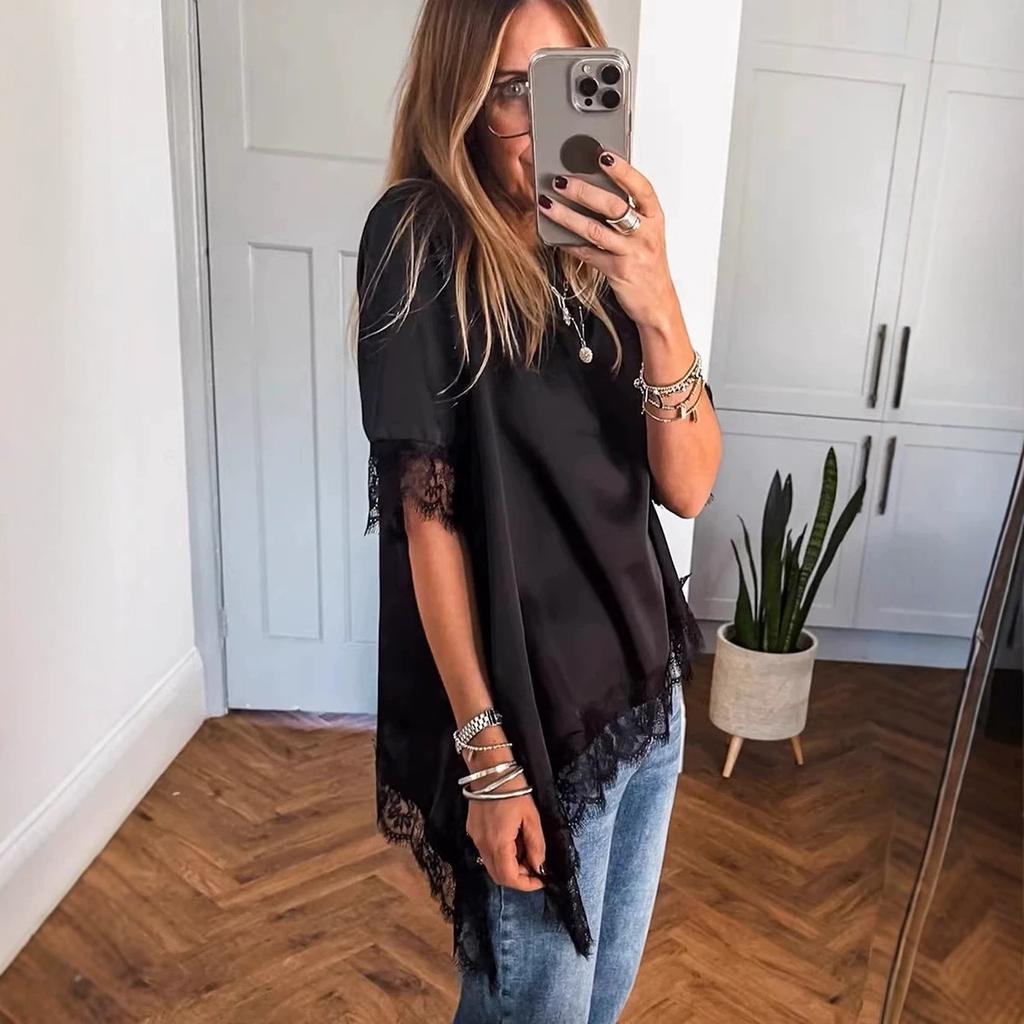 Women's Round Neck Short Sleeve Tee Loose Fit Casual Solid Lace Asymmetric Hem Blouse