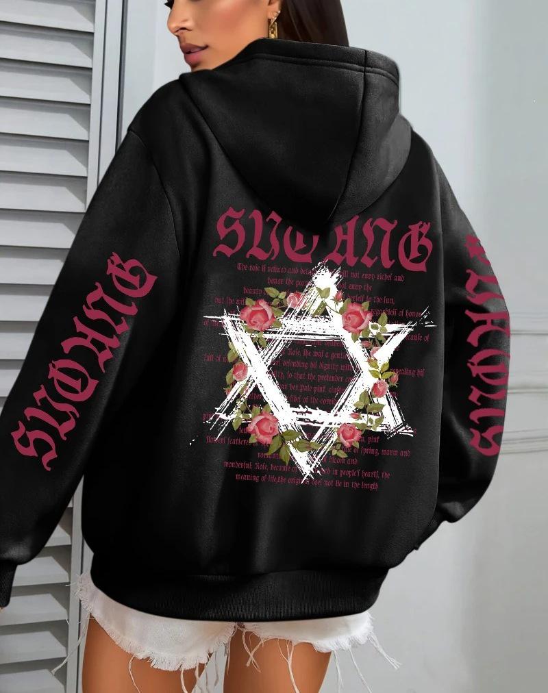 Women's Autumn Loose Fit Fleece Hoodie with Art Print and Pockets