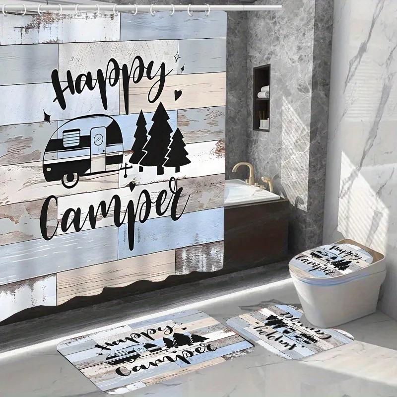 

Happy Camper Waterproof Shower Curtain Set With Hooks, Non-Slip Bath Mat, Toilet Seat Cover, And Rug-Polyester, Woven, Water-Res W60H190(CM)-1 Pcs