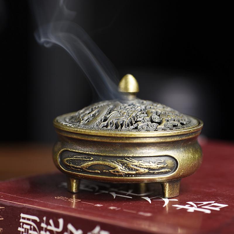 Dragon & Phoenix Auspicious Cloud Alloy Incense Burner: Three-Legged Indoor Aromatherapy & Coil Incense Holder