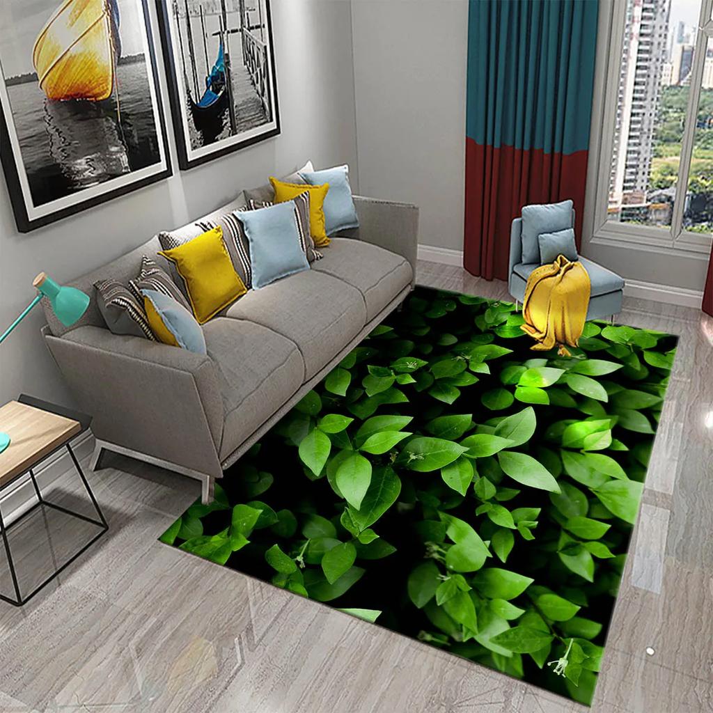 Green Leaves Carpet Natural Landscape Rug Black Rectangle Area Rugs for Adults Yoga Mats Bedroom Living Room Decor Soft Door Mat