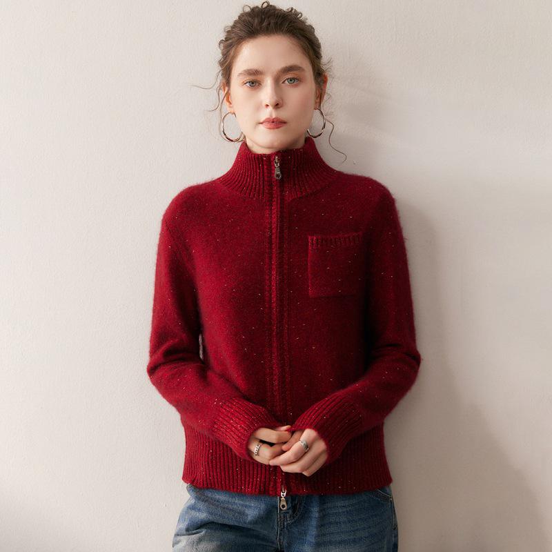 

2025 A/W Women s Cashmere Stand Collar Cardigan, Golden Bean Yarn, Double Zipper, Thick Knit with Pockets. Large красный