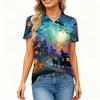 Women's Fashion Casual Button Front Short Sleeve Halloween Print Polo Shirt with Side Slits Lightweight Breathable Top