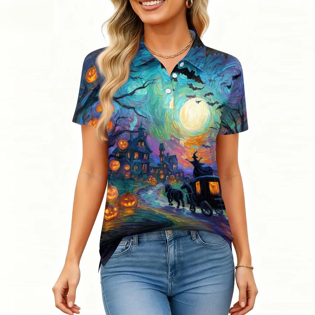 Women's Fashion Casual Button Front Short Sleeve Halloween Print Polo Shirt with Side Slits Lightweight Breathable Top