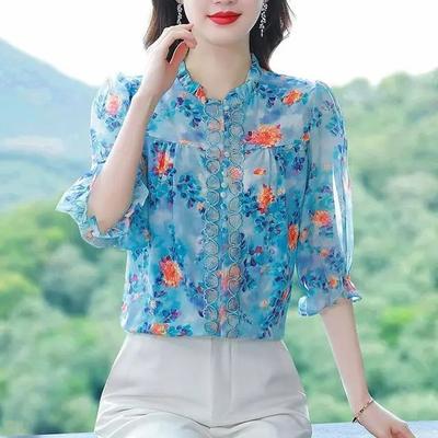 Summer New KoreanThin Heavy Industry Printed Shirt Lantern Sleeve Bottoming Blouse Half Sleeve Shirt for Women's Tops